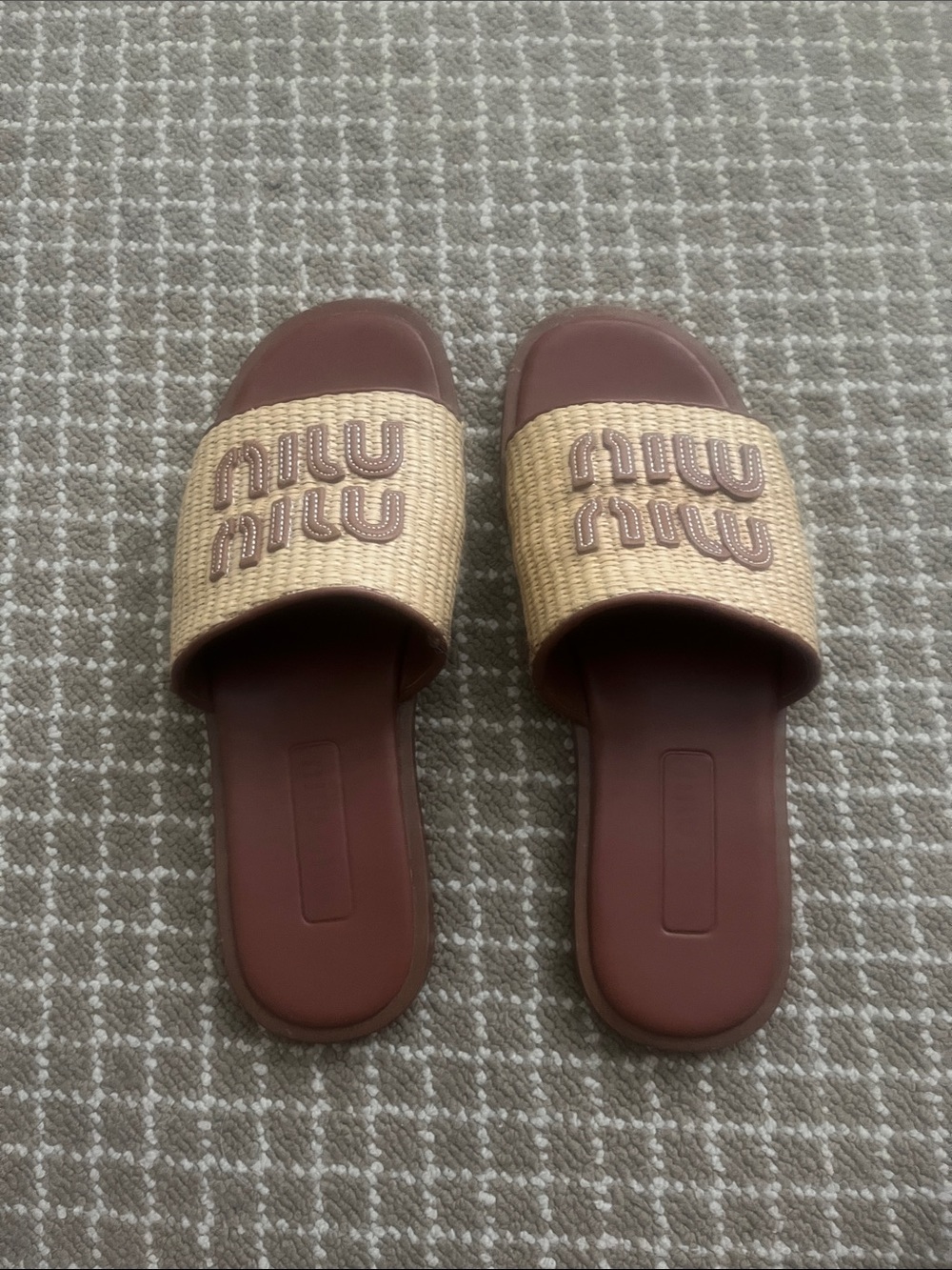 Miu Miu Brown Slide Sandals with Natural Raffia Strap